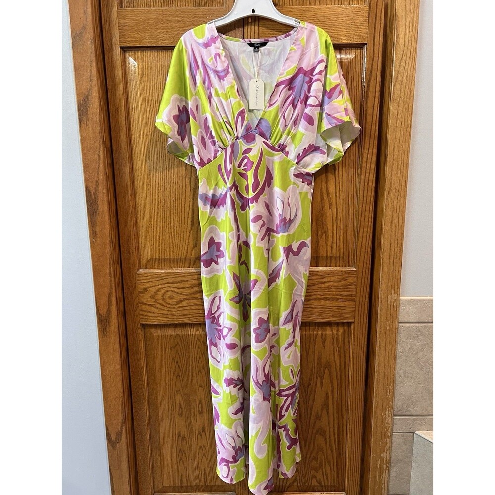 ShallWe Floral Dress Women’s Medium NWT Pink/Green V Neck Side Zipper